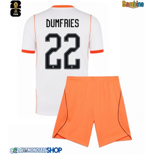 Maglie da calcio Paesi Bassi Denzel Dumfries #22 Seconda Maglia Bambino Mondiali 2026  Manica Corta + Pantaloni corti)